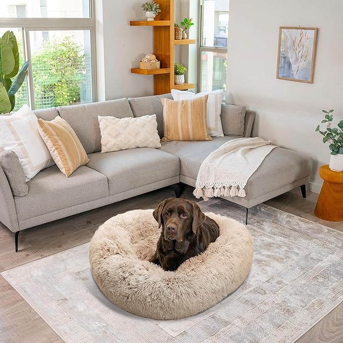 Best Friends by Sheri Original Calming Donut Dog and Cat Bed, Shag Faux Fur, Taupe, (36in x 36in) - Anxiety Relief for Pets Up to 100 lbs