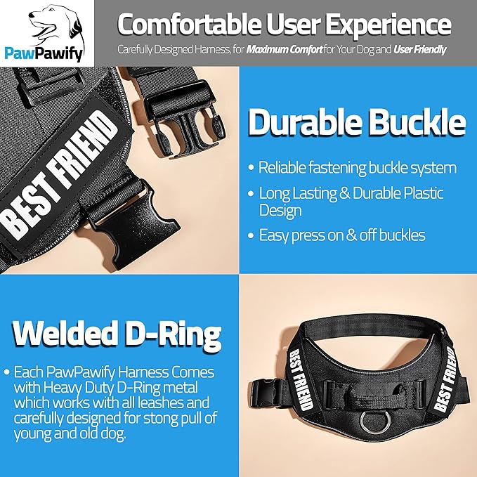 PawPawify Custom No Pull Dog Harness with Name and Phone Number, Heavy Duty Personalized Pet Vest to Prevent Tugging, Pulling, or Choking, Training and Walking (Black, M (Chest 20-24in))