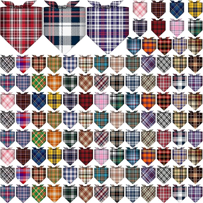Amylove 120 Pcs Christmas Dog Bandanas Bulk Thanksgiving Day Holiday Triangle Dog Pack Puppy Kerchief Bandana Adjustable Pet Scarf for Pet Cat Costume Accessories Decor(Plaid)