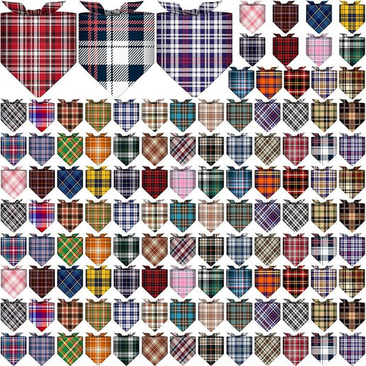 Amylove 120 Pcs Christmas Dog Bandanas Bulk Thanksgiving Day Holiday Triangle Dog Pack Puppy Kerchief Bandana Adjustable Pet Scarf for Pet Cat Costume Accessories Decor(Plaid)