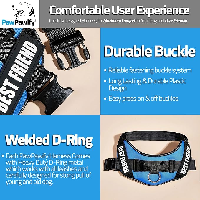 PawPawify Custom No Pull Dog Harness with Name and Phone Number, Heavy Duty Personalized Pet Vest to Prevent Tugging, Pulling, or Choking, Training and Walking (Blue, S (Chest 16-21in))