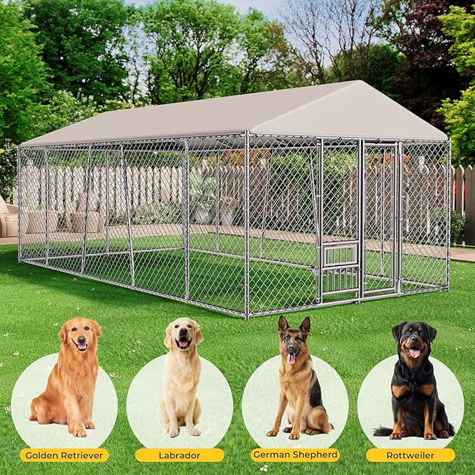 Lyromix 10 x 20FT Large Outdoor Dog Kennel with Bowls, Dog Kennel Outside with Waterproof Cover Roof, Galvanized Heavy Duty Chain Link Dog Runs Cage Playpen for Outside with Secure Lock