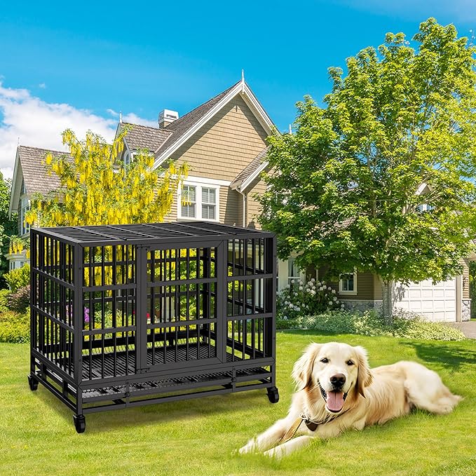 JY QAQA 48/38 Inch Heavy Duty Indestructible Dog Crate Double Doors Escape Proof Cage Kennel,Enhanced Metal Pet Cage,Extra Large XL XXL Crate Indoor for Large Dog with Removable Tray,Lockable Wheels