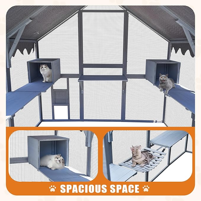 110" Outdoor Cat Catio Enclosure,Cats House Big Wooden Cat Shelter with Platforms,Upgrade Waterproof Cover,Large Spacious Interior,Two Small Sliding Doors,Grey