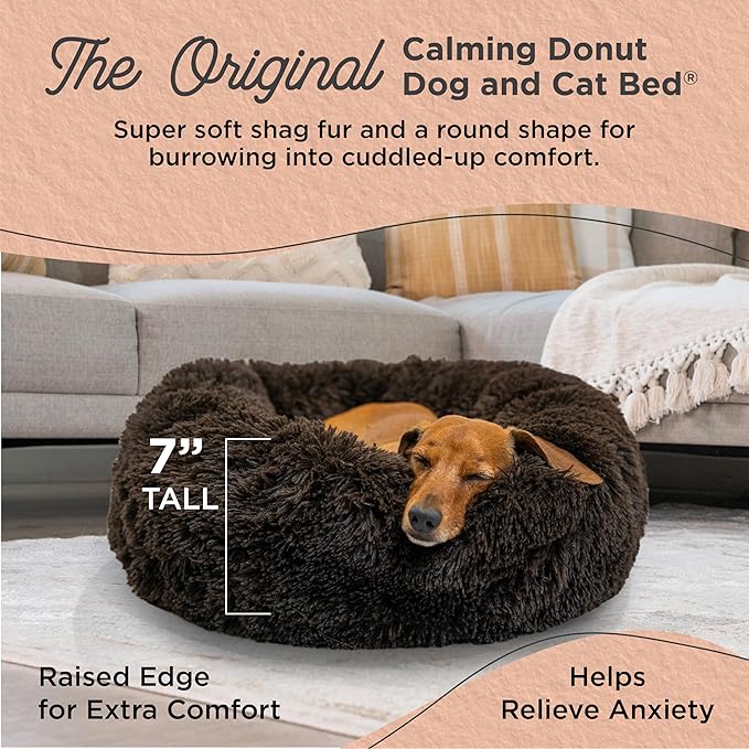 Best Friends by Sheri (or PAWSH Original Calming Donut Dog and Cat Bed, Shag Faux Fur, Dark Brown, Small (23in x 23in) - Helps Provide Anxiety Relief for Pets