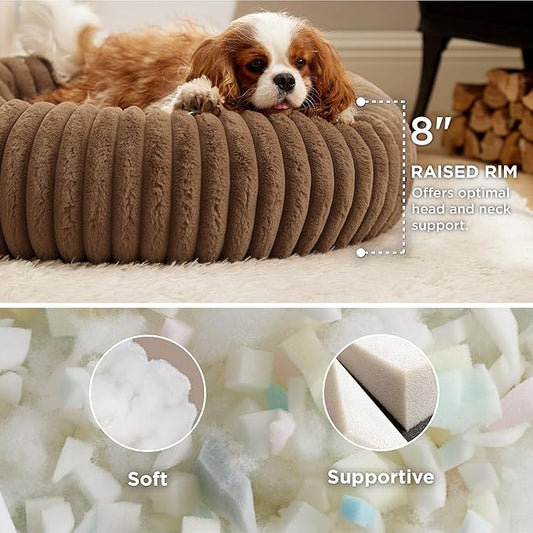 Bedsure Donut Medium Dog Bed - Washable Faux Fur with Corduroy Fleece & Anti Slip Bottom, Round Pet Bed with Removable Cover, Camel Brown, 30x30x8 inches