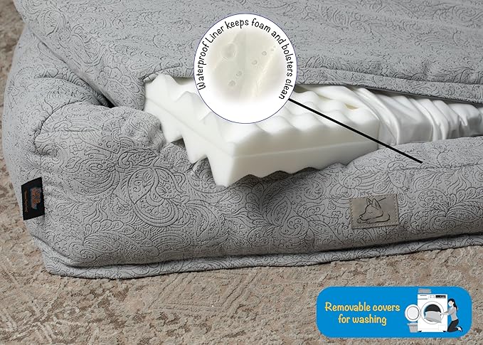 Furry's Paradise Foam Cuddler Pet Bed with Waterproof Liners, Reversible Cushion, Washable Cover, Recycled Fibers and Non-Slip Bottom. (Gray Paisley, Orthopedic Large)