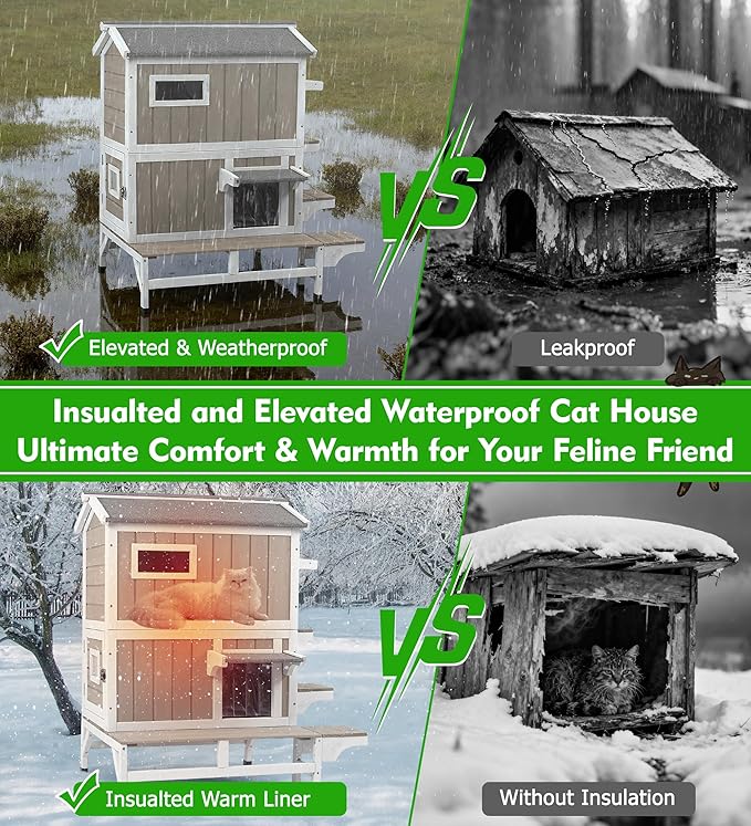 2 Story Insulated Outdoor Cat House Weatherproof Feral Cat Shelter for Winter Outside Cat Houses for 2-3 Cats Indoor Pets Condo with Waterproof Roof & Escape Door, 6.3" Raised Base & Balcony