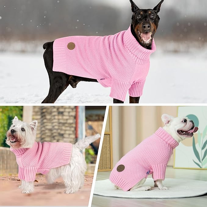 cyeollo Dog Sweater Warm Turtleneck Knitwear Pullover Sweaters with Long Sleeves Soft Winter Dog Clothes Sweaters for Dogs,Pink, L