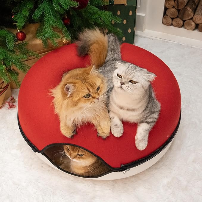 CATTASAURUS Peekaboo Cat Cave for Multiple & Large Cats Up to 30-45 Lbs, Scratch Detachable & Washable Tunnel Bed, Comfy Donut Cat Cave (Ruby Snowball, Large)