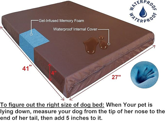 Dogbed4less Large Orthopedic Gel Infused Memory Foam Dog Bed, Waterproof Liner with Durable Canvas Cover, 41X27X4 Inch, Olive Green (Fit 42X28 Crate)