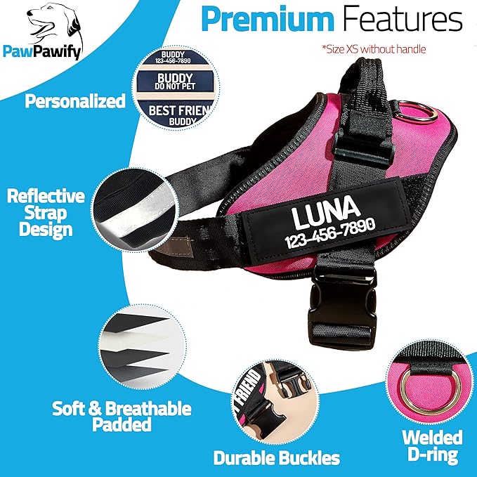 PawPawify Custom No Pull Dog Harness with Name and Phone Number, Heavy Duty Personalized Pet Vest to Prevent Tugging, Pulling, or Choking, Training and Walking (Pink, L (Chest 23-30in))