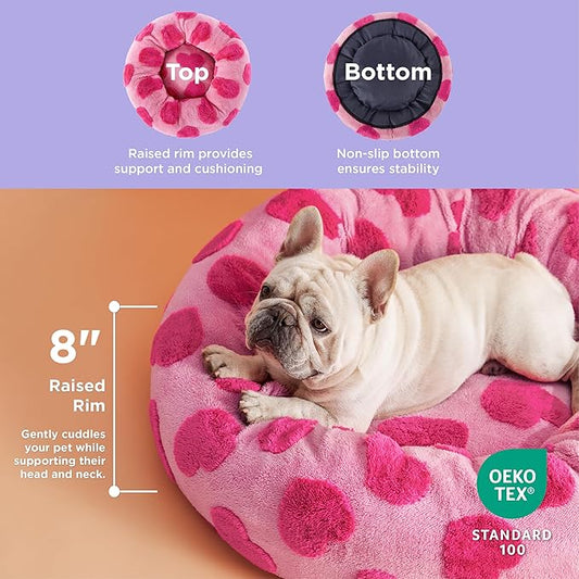 LE SURE Donut Medium Dog Bed - Round Cat Beds for Indoor Cats Anti-Anxiety Calming Pet Beds, Washable Cute Modern Beds with Teddy Sherpa Plush & Anti Slip Bottom, 30 Inch, Heart Pink