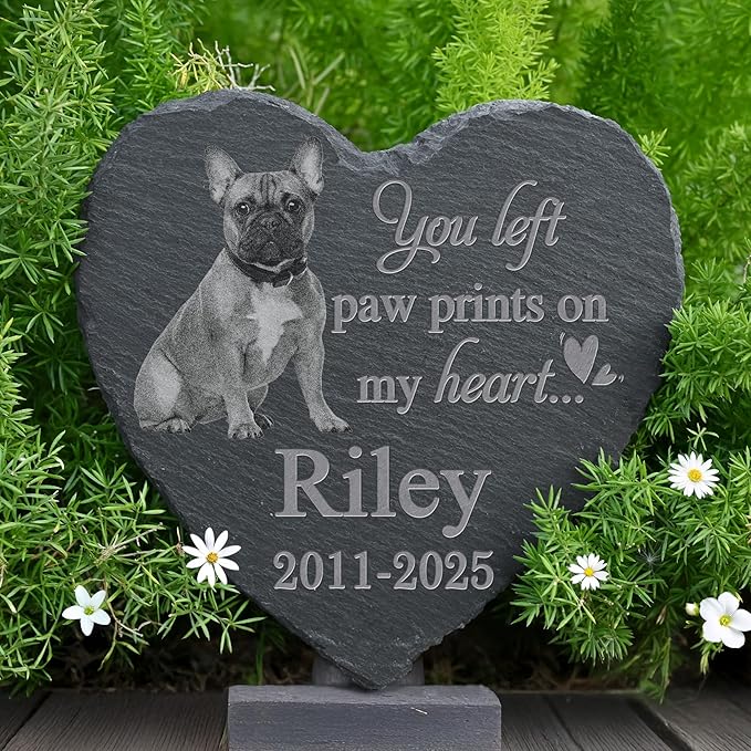 Pet Memorial Stone with Photo, Dog Memorial Gifts for Loss of Dog, Personalized Pet Memorial Gifts, Pet Loss Gift - Paw Prints On My Heart（Heart）