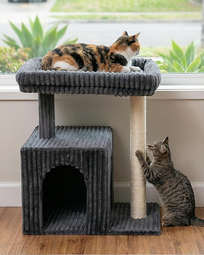 Cat Tree for Large Cat, 20.9 * 15.7in Large Perch Bed for Adult Cats, 22.8in Cat Tower with Scratching Post, Cat Condo with 2-Door for Indoor Cats, Dark Gray
