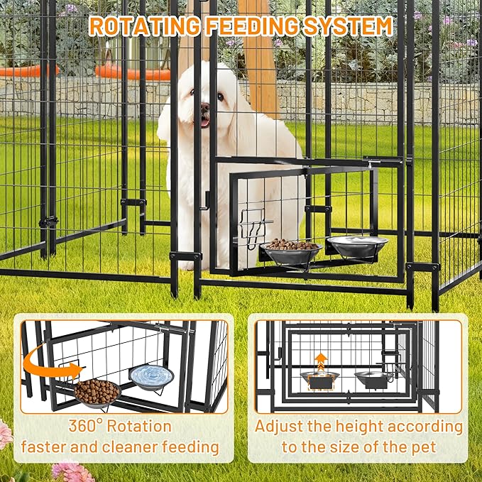Dog Crate Dog Kennel Outdoor W/Roof,Dog Cage W/ 360°Rotating Feeder & Secure Lock,Weatherproof Dog Pens Outside W/Flexible Clamps,for Garden Yard,Grey(4.23x3.83x4.83 FT)