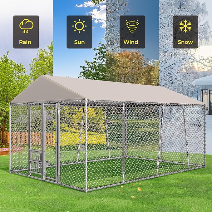 Lyromix 10 x 15FT Large Outdoor Dog Kennel with Bowls, Dog Kennel Outside with Waterproof Cover Roof, Galvanized Heavy Duty Chain Link Dog Runs Cage Playpen for Outside with Secure Lock