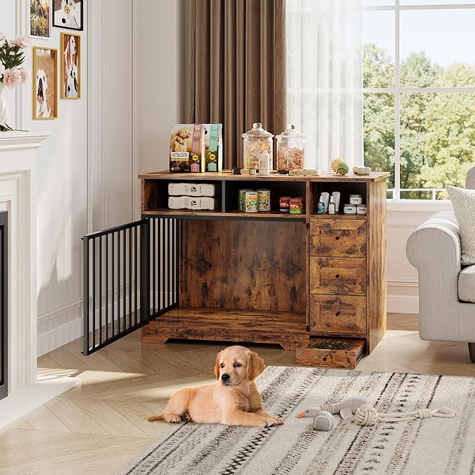 48'' Dog Crate Furniture, Farmhouse Heavy Duty Dog Kennel with Bowl & Storage Drawers, Medium Dog Cage End Table for Small Medium Dogs, Retro Brown