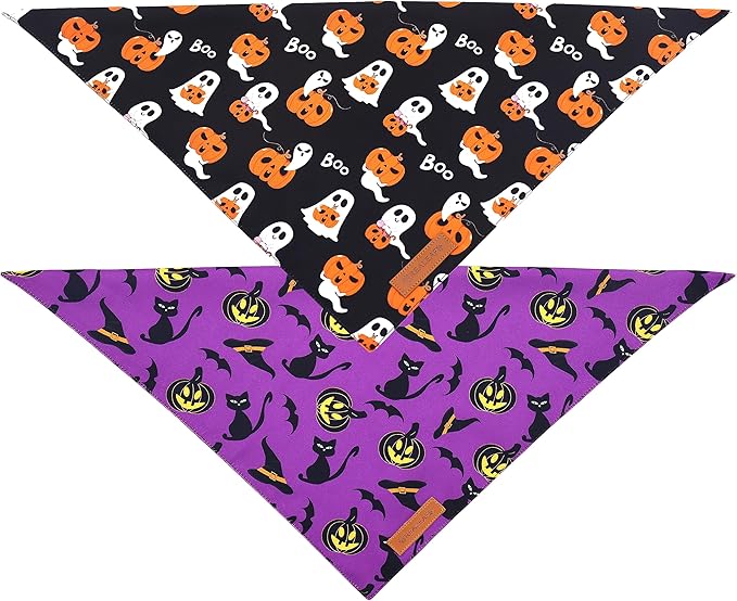 Realeaf Halloween Dog Bandanas 2 Pack, Reversible Orange Pumpkin Pet Scarf for Boy and Girl, Premium Durable Fabric, Holiday Bandana for Small Medium Large and Extra Large Dogs (Small)