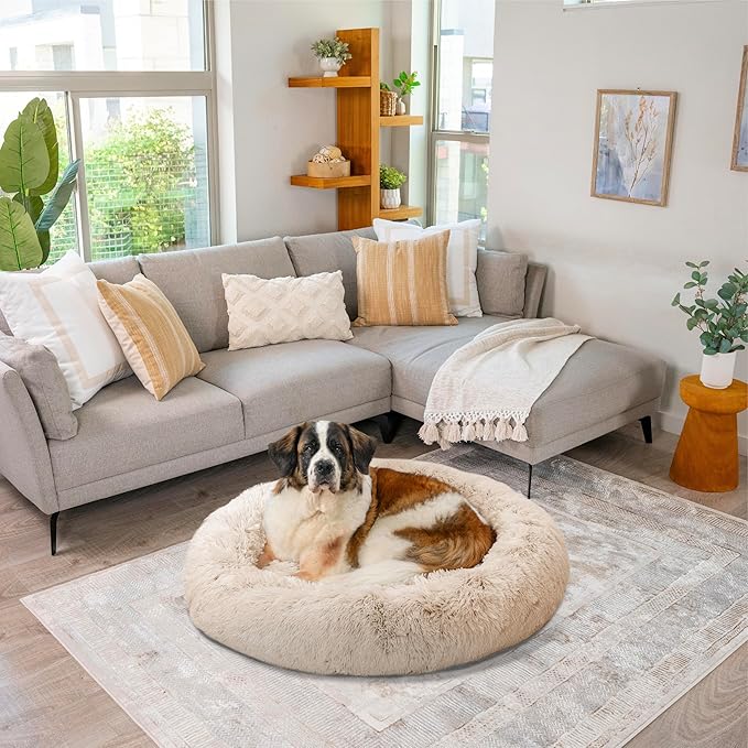 Best Friends by Sheri Original Calming Donut Dog and Cat Bed, Shag Faux Fur, Taupe, XL (45in x 45in) - Anxiety Relief for Pets Up to 150 lbs