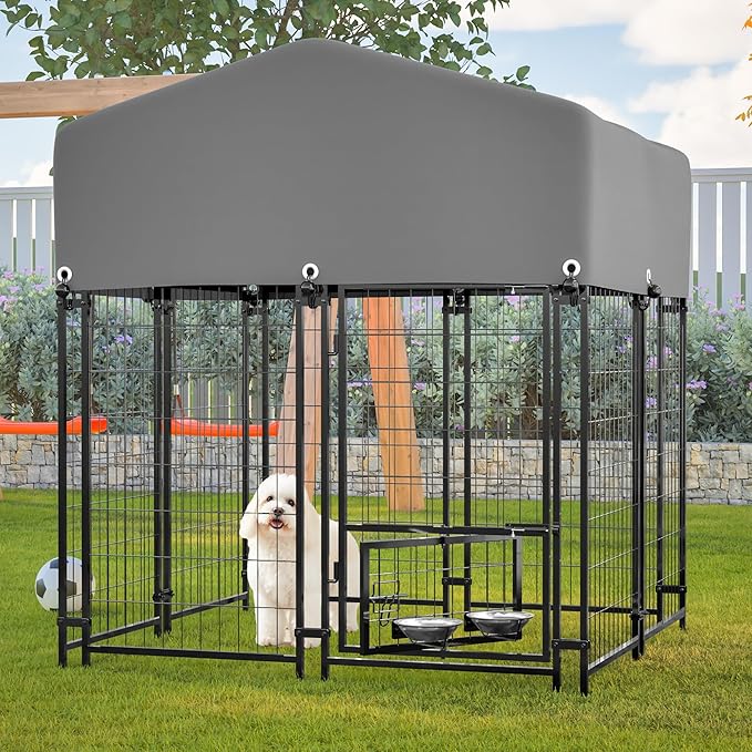 Dog Crate Dog Kennel Outdoor W/Roof,Dog Cage W/ 360°Rotating Feeder & Secure Lock,Weatherproof Dog Pens Outside W/Flexible Clamps,for Garden Yard,Grey(4.23x3.83x4.83 FT)
