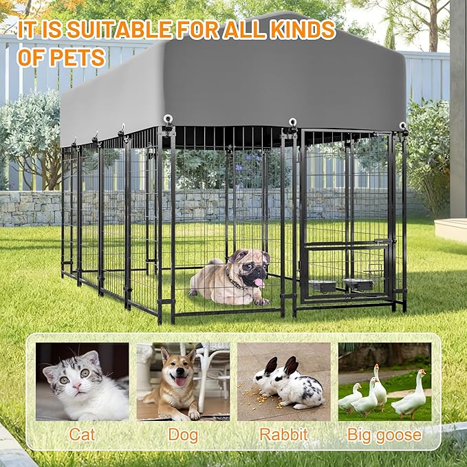 Dog Crate Dog Kennel Outdoor W/Roof,Dog Cage W/ 360°Rotating Feeder & Secure Lock,Weatherproof Dog Pens Outside W/Flexible Clamps,for Medium/Large,Grey(4.23x7.81x4.83 FT)
