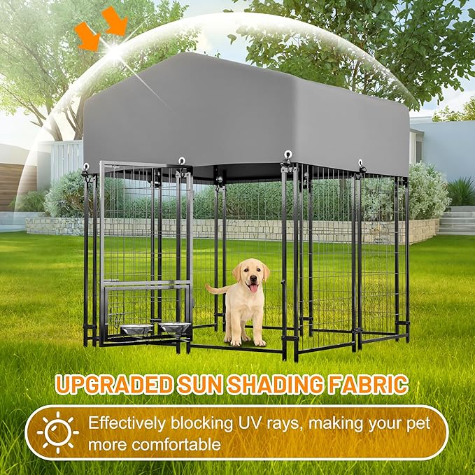 Dog Crate Dog Kennel Outdoor W/Roof,Dog Cage W/ 360°Rotating Feeder & Secure Lock,Weatherproof Dog Pens Outside W/Flexible Clamps,for Garden Yard,Grey(4.23x3.83x4.83 FT)
