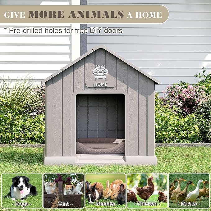 Fancyango Dog House Outdoor Indoor - Waterproof, Ventilated, Easy to Clean, Elevated Floor for Small-Large Dogs, Easy to Assemble (Grey, 31" L x 33.3" W x 33.5" H)