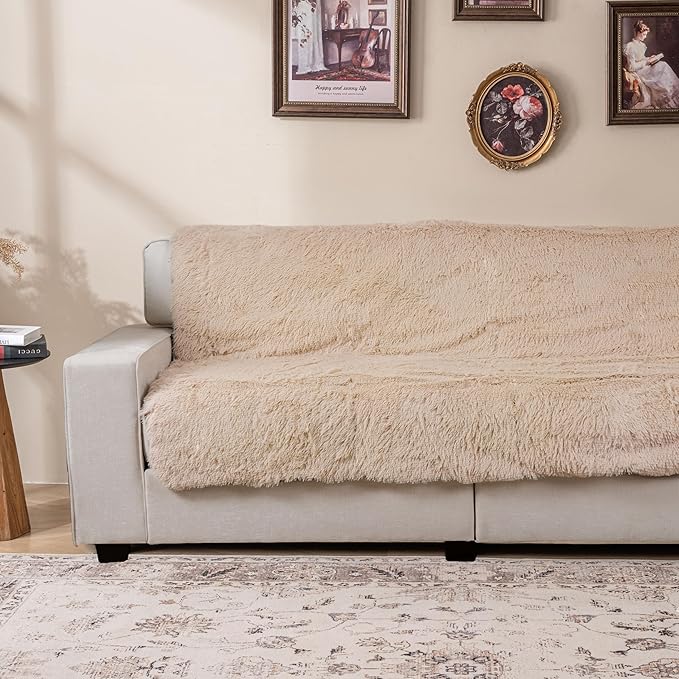 Dogs/Cats Bed Mats, Dog Pad Washable Removable Couch Cover with Anti-Slip Back, Plush Long Fur Mat, Perfect for Small, Medium and Large Dogs.(Beige, 52"x82")