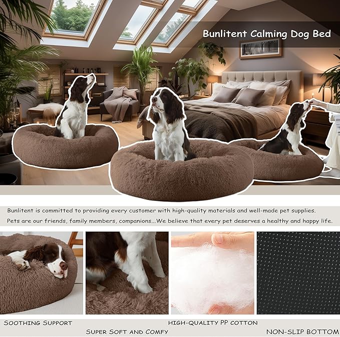 30'' inch Calming Dog Bed, Plush Anti-Anxiety Donut Dog Bed for Small Medium Dogs, Warming Cozy Soft Cute Round Washable, Marshmallow Cuddler Nest Pet Bed, Brown