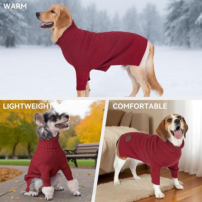 cyeollo Dog Christmas Sweater Turtleneck Soft Knitted Sweaters with Long Sleeves Warm Cozy Dog Clothes for Large Dogs, Burgundy 2XL