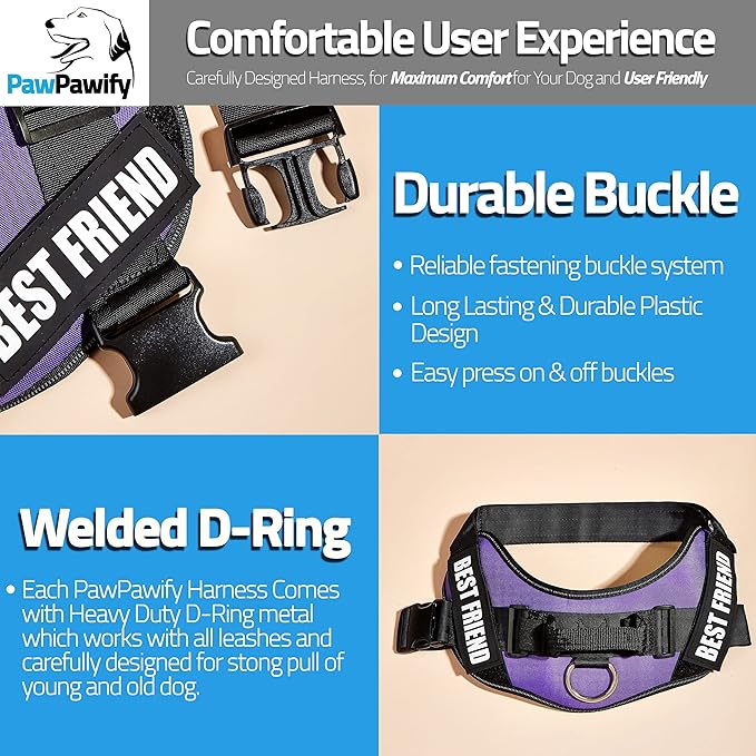 PawPawify Custom No Pull Dog Harness with Name and Phone Number, Heavy Duty Personalized Pet Vest to Prevent Tugging, Pulling, or Choking, Training and Walking (Purple, XXL (Chest 36-42in))