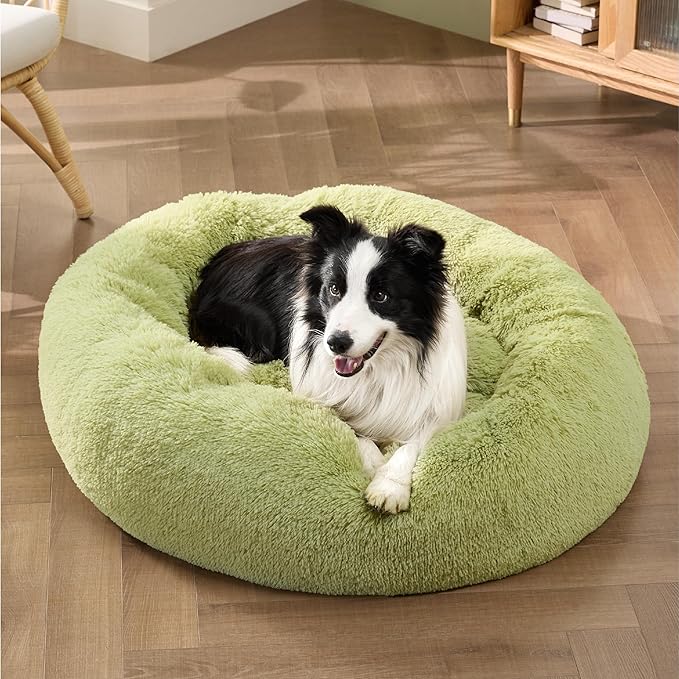 Bedsure Calming Dog Bed for Large Dogs - Donut Washable Large Pet Bed, Anti-Slip Round Fluffy Plush Faux Fur Dog Bed, Fits up to 80 lbs Pets, Green, 36 inches