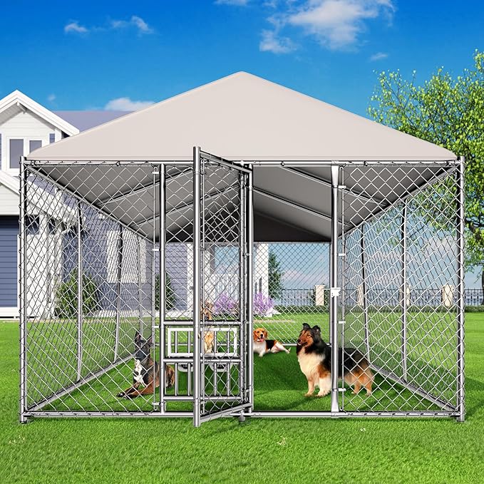 Lyromix 10 x 15FT Large Outdoor Dog Kennel with Bowls, Dog Kennel Outside with Waterproof Cover Roof, Galvanized Heavy Duty Chain Link Dog Runs Cage Playpen for Outside with Secure Lock