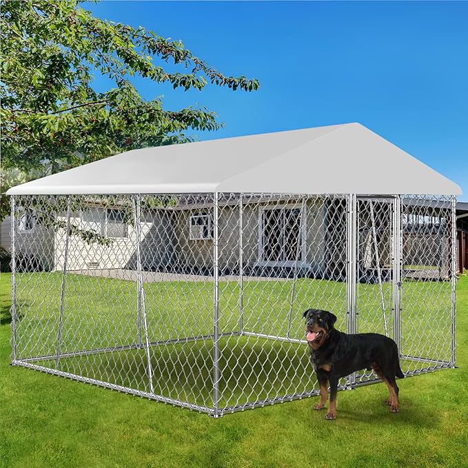 Lyromix Upgraded 10×10FT Outdoor Dog Kennel with Roof, Large Dog House Pen Enclosure with Sidebar, Heavy Duty Chain Link Kennel with Lock for Outside Backyard