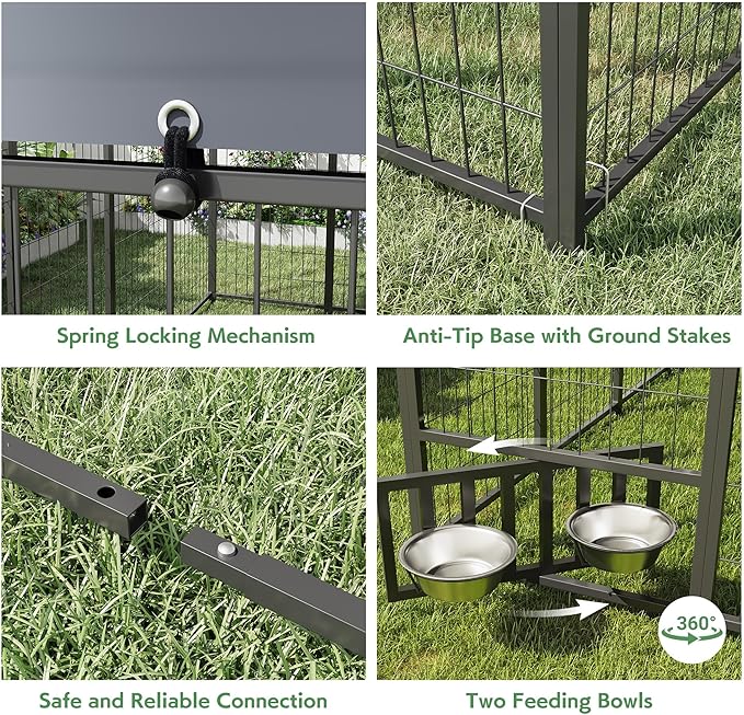 Heavy Duty Outdoor Dog Kennel for Yard, 8x8 Medium Steel Chain Link Fence with Roof, Dog Run Enclosure with Feeding Bowl & Self-Locking Latch
