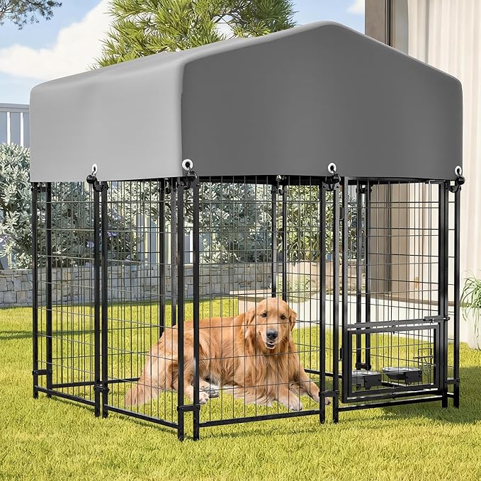 Dog Crate Dog Kennel Outdoor W/Roof,Dog Cage W/ 360°Rotating Feeder & Secure Lock,Weatherproof Dog Pens Outside W/Flexible Clamps,for Garden Yard,Grey(4.23x3.83x4.83 FT)
