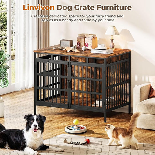 47 Inch Dog Crate Furniture, Heavy Duty Dog Kennel for Small Medium Large Dogs, Double Doors Indoor Decor Pet House Cage, Anti Escape Wooden Dog Cage with Name Tag End Table, TV Stand, Brown