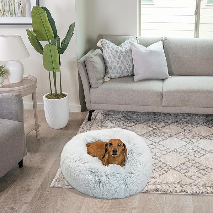 Best Friends by Sheri Original Calming Donut Dog and Cat Bed, Shag Faux Fur, Frost Gray, (23in x 23in) - Anxiety Relief for Pets Up to 25 lbs