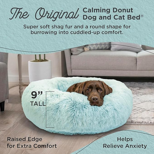 Best Friends by Sheri Original Calming Donut Dog and Cat Bed, Shag Faux Fur, Baby Blue, (36in x 36in) - Anxiety Relief for Pets Up to 100 lbs