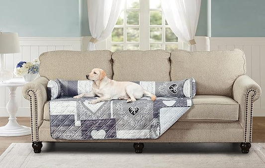 Brilliant Sunshine Quilted Calming Dog Bed Mat, Removable Washable Cover, Cushion Protector and Couch Covers for Dogs, Pets, Cats, Extra Large, Grey Heart Love Patchwork
