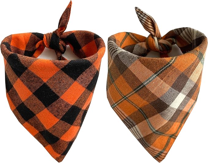 Realeaf Fall Thanksgiving Dog Bandanas 2 Pack, Orange Plaid Pet Scarf for Boy and Girl, Premium Durable Fabric, Holiday Halloween Bandana for Small and Medium Dogs (Small)