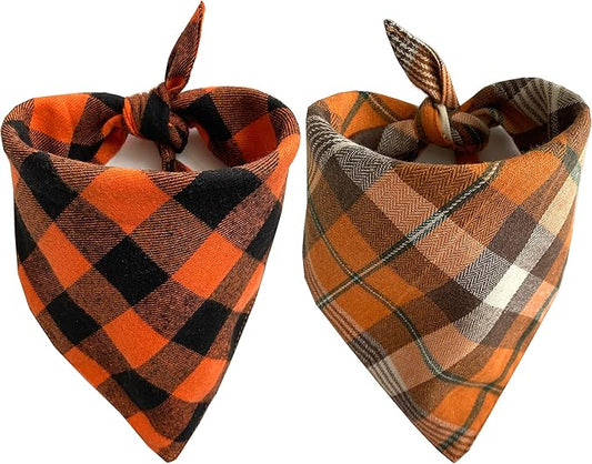 Realeaf Fall Thanksgiving Dog Bandanas 2 Pack, Orange Plaid Pet Scarf for Boy and Girl, Premium Durable Fabric, Holiday Halloween Bandana for Small and Medium Dogs (Small)