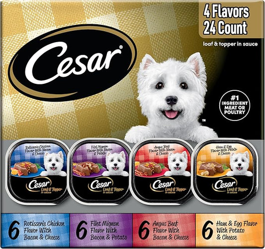 Cesar Loaf in Sauce Wet Dog Food Rotisserie Chicken, Filet Mignon, Angus Beef, and Ham & Egg Flavors Variety Pack, 3.5 oz. Easy Peel Trays (24 Count, Pack of 1)