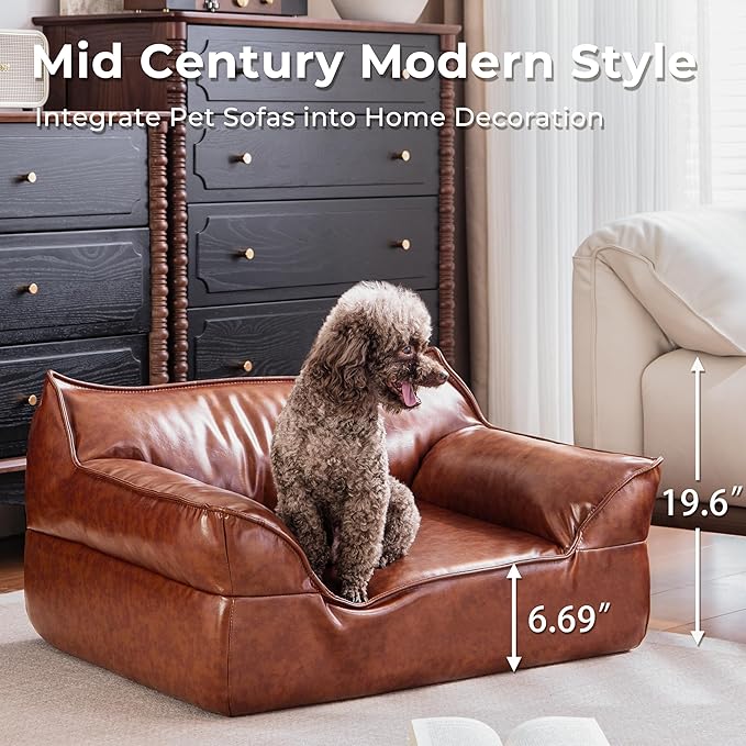 Brown Leather Dog Couch Bed for Medium Small Dogs Under 50 lbs, 31.5 Inch Mid-Century Modern Luxury Elevated Dog Sofa Indoor, Furniture Style Vintage Raised Pet Sofa Bed (Medium)
