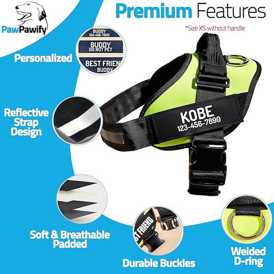 PawPawify Custom No Pull Dog Harness with Name and Phone Number, Heavy Duty Personalized Pet Vest to Prevent Tugging, Pulling, or Choking, Training and Walking (Green, XS (Chest 14-17in))