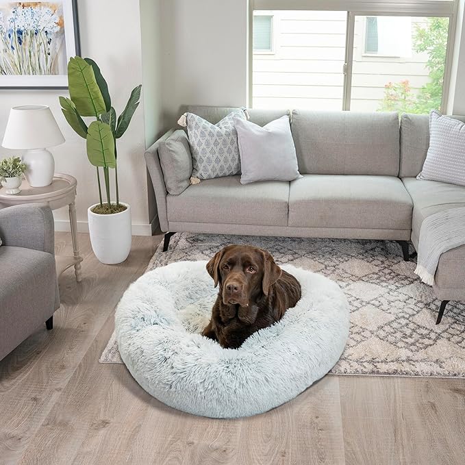 Best Friends by Sheri Original Calming Donut Dog and Cat Bed, Shag Faux Fur, Frost Gray, (36in x 36in) - Anxiety Relief for Pets Up to 100 lbs