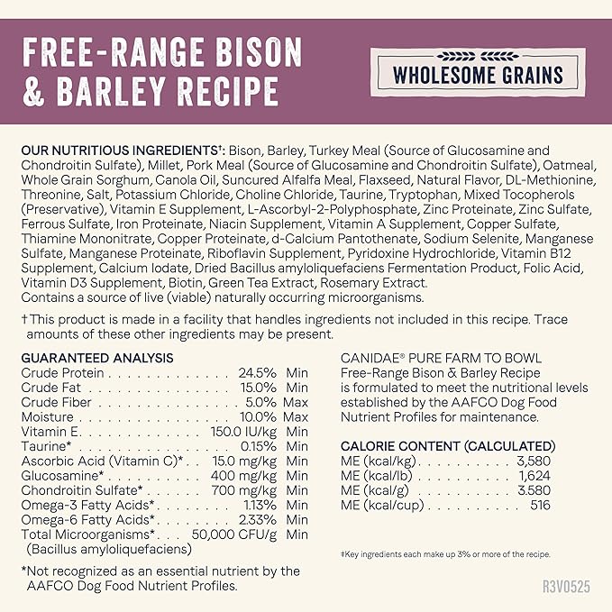 CANIDAE Pure Farm to Bowl Free-Range Bison & Barley Dog Food, Adult, 4lb