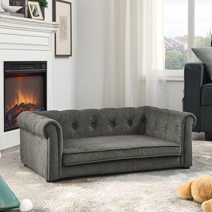 GDFStudio Modern Linen Dog Sofa for Small and Medium Dogs Elevated Pet Bed with Armrests and Backrest Durable and Comfortable Upholstered Pet Furniture, Dark Gray