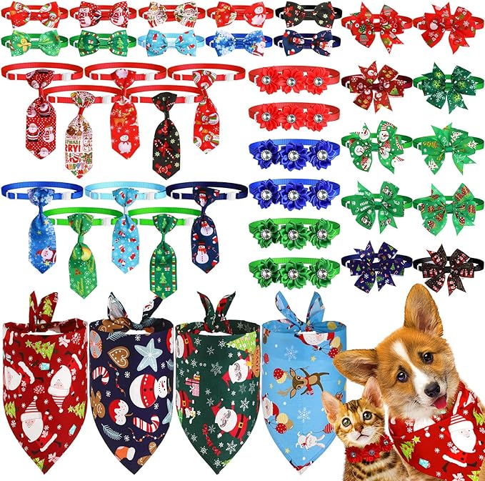40 Pcs Christmas Dog Bow Ties Set 26 Christmas Pet Bowties 10 Santa Snowman Necktie 4 Winter Dog Bandana Xmas Grooming Accessories for Holiday Pet Outfit Winter Gift